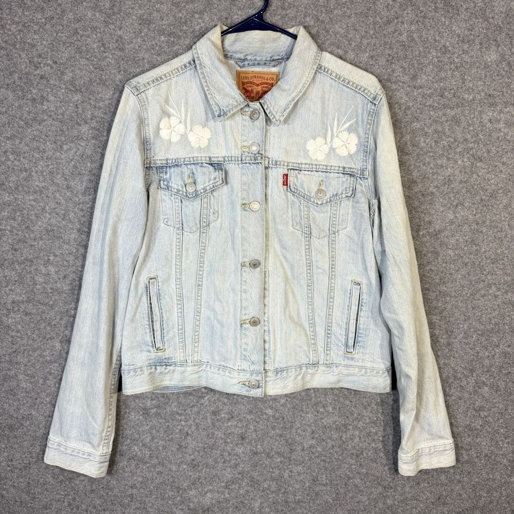 Levis Girls XL‎ Light Wash Floral Embroidered Denim Trucker Jacket Light Blue